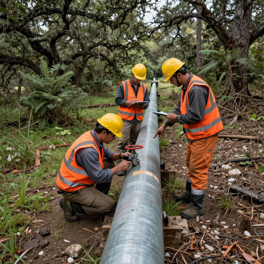 Three workers in hard hats inspect a large pipeline in a wooded area.