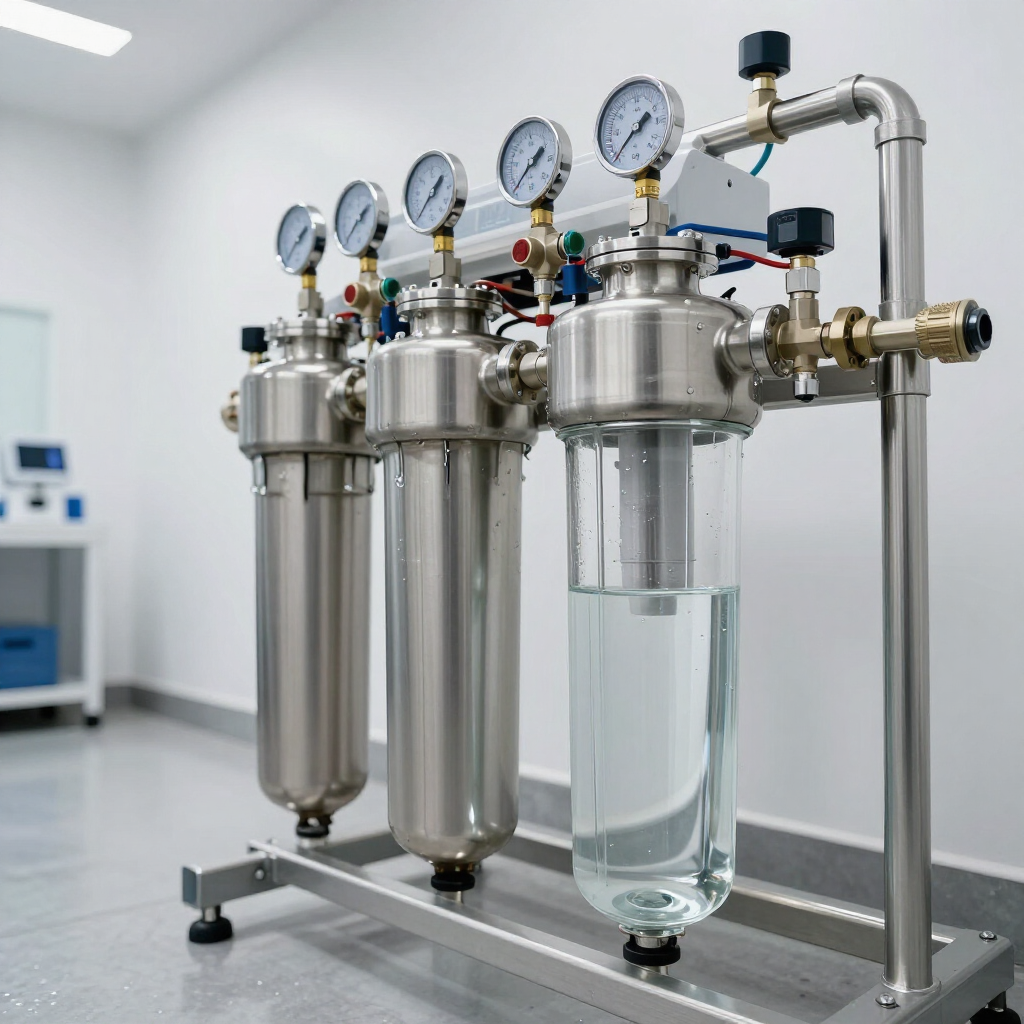 Stainless steel filtration system with gauges and glass vessel in a clean laboratory room