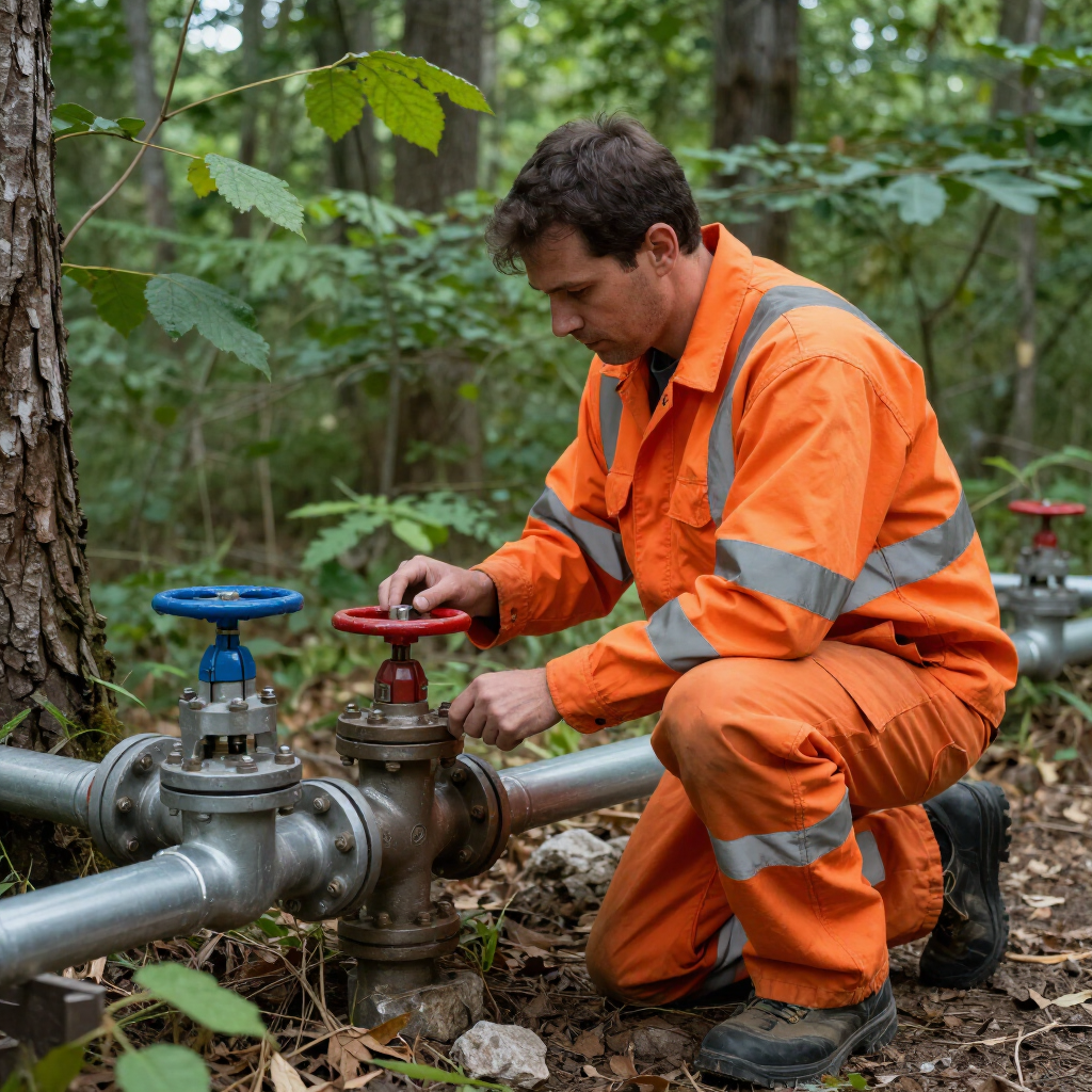 Worker in orange safety gear adjusting a pipeline valve in a wooded outdoor area