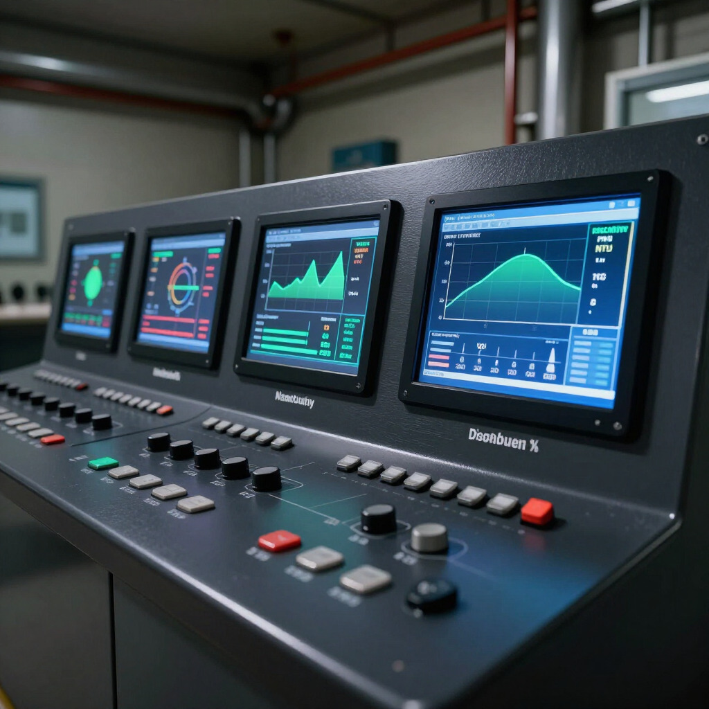 Control console with four monitors showing colorful data graphs and buttons in a dim industrial room
