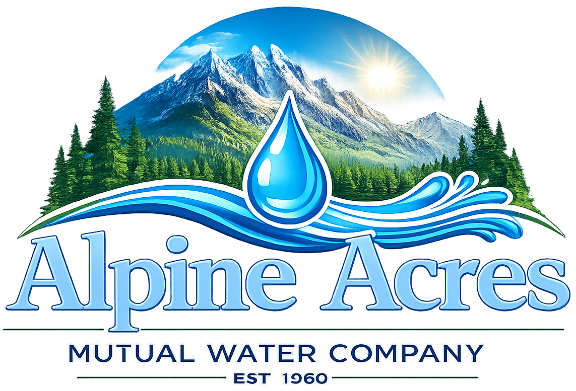Alpine Acres Mutual Water Company logo with blue mountain, water droplet, and wave design