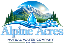 Alpine Acres Mutual Water Company logo with blue mountain, water droplet, and wave design
