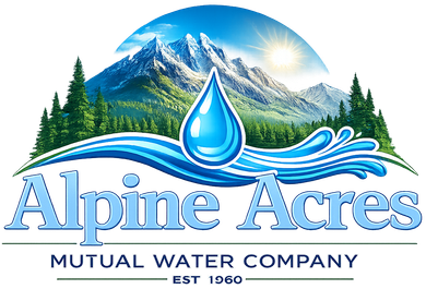 Alpine Acres Mutual Water Company logo with blue mountain, water droplet, and wave design