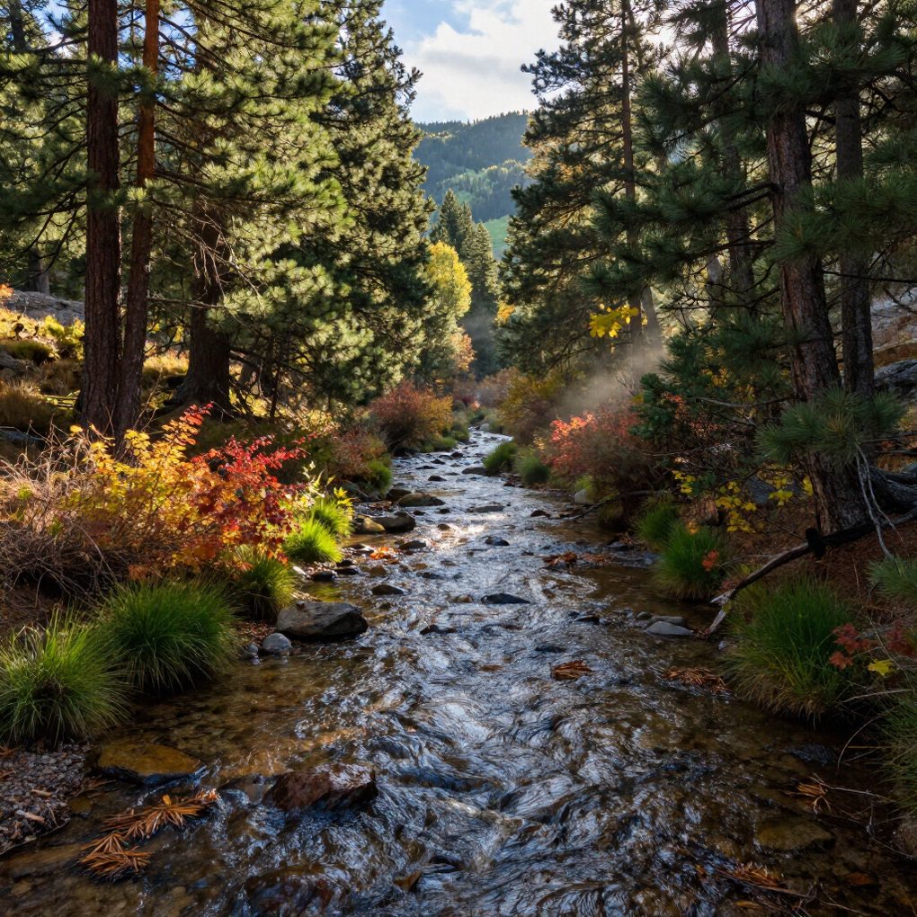 Sunlit forest stream winding through pine trees and autumn shrubs