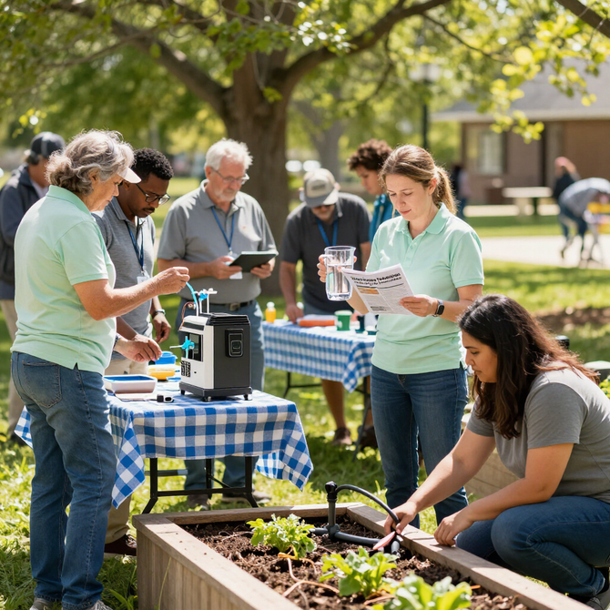 People gardening together at outdoor tables in a sunny park