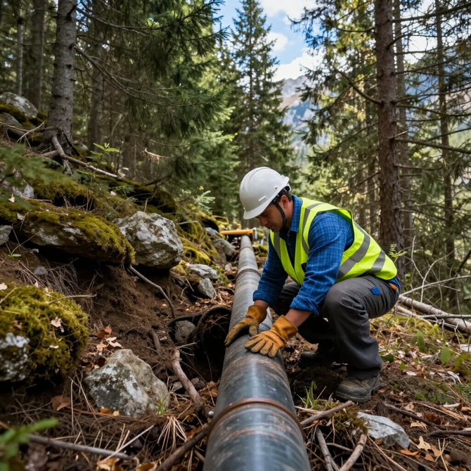 Worker in hard hat inspecting a large pipeline in a forested hillside area