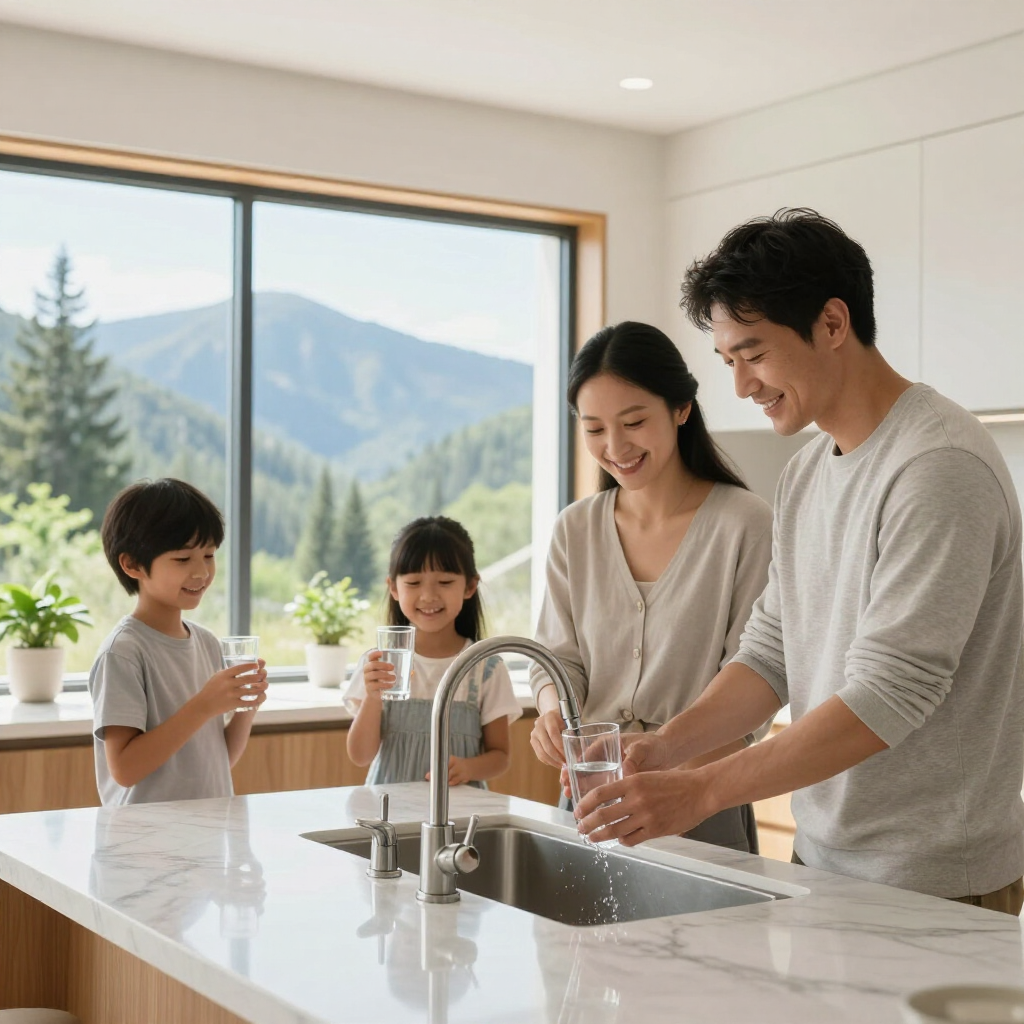 Family washing hands together at a kitchen sink with a mountain view through the window