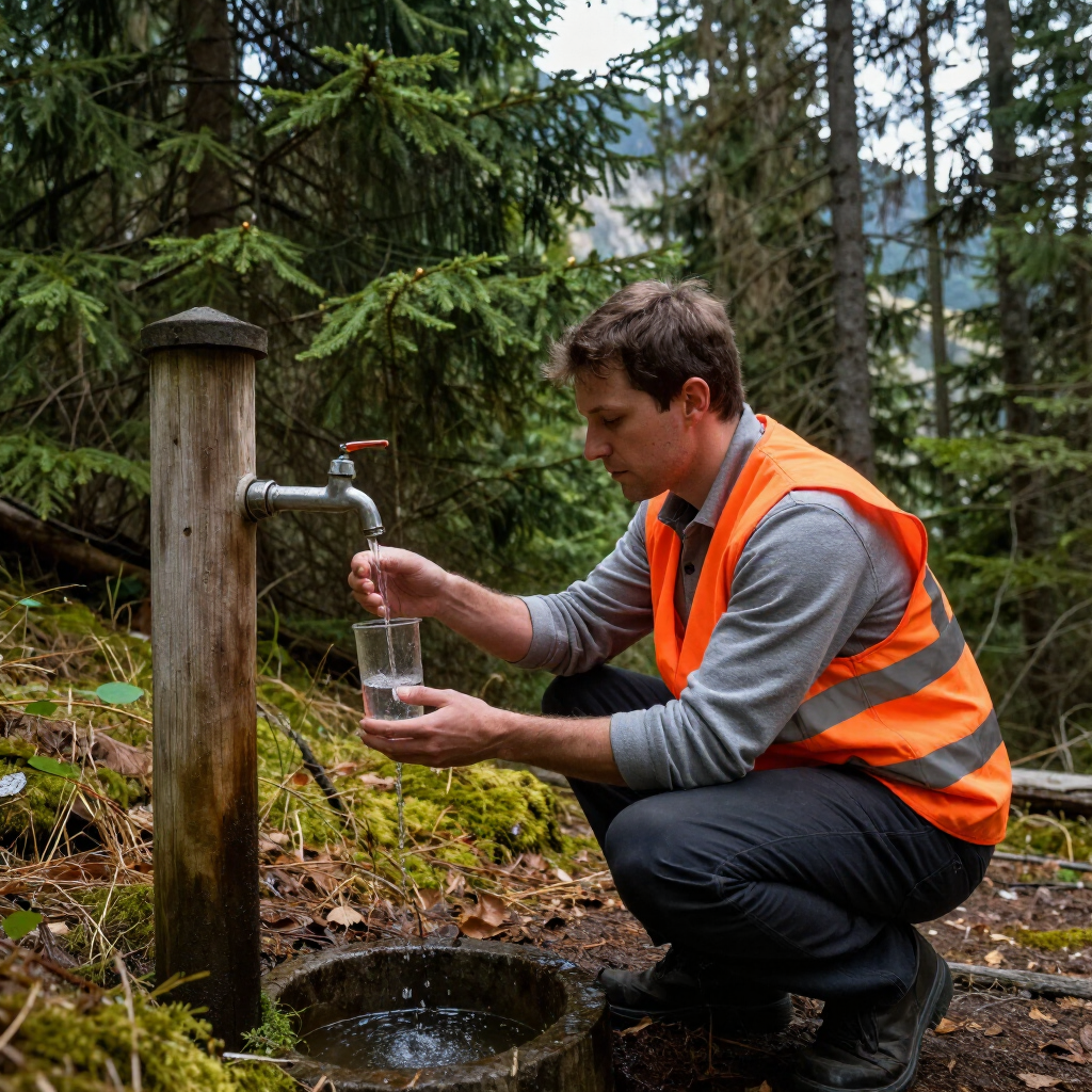 Man in orange safety vest filling a glass with water from an outdoor forest tap