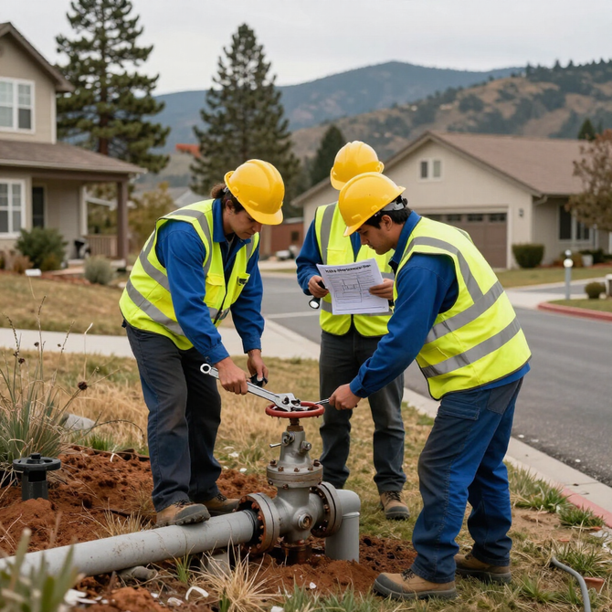 Workers in hard hats inspect a utility valve beside a neighborhood street, with houses and hills in the background