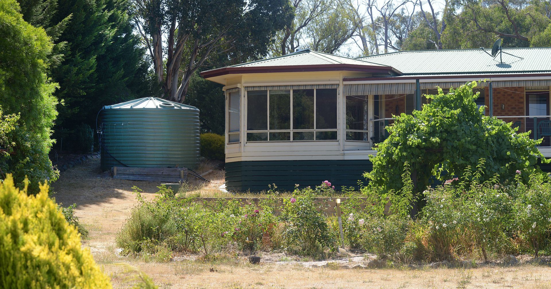 Small house with a porch beside a green water tank, surrounded by trees and dry garden plants.