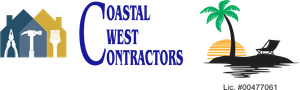 A logo for Coastal West Contractors with a house and palm tree