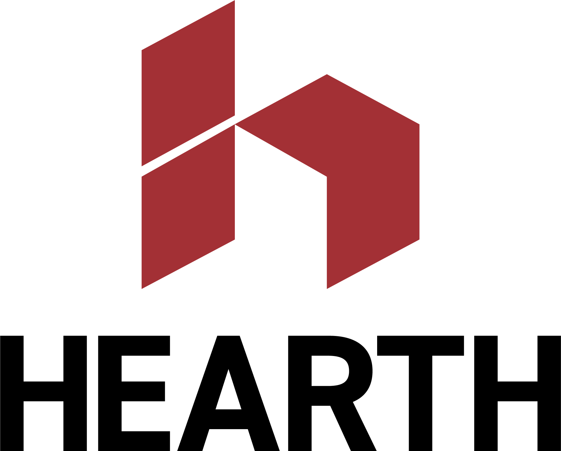 A red and black logo for a company called hearth.