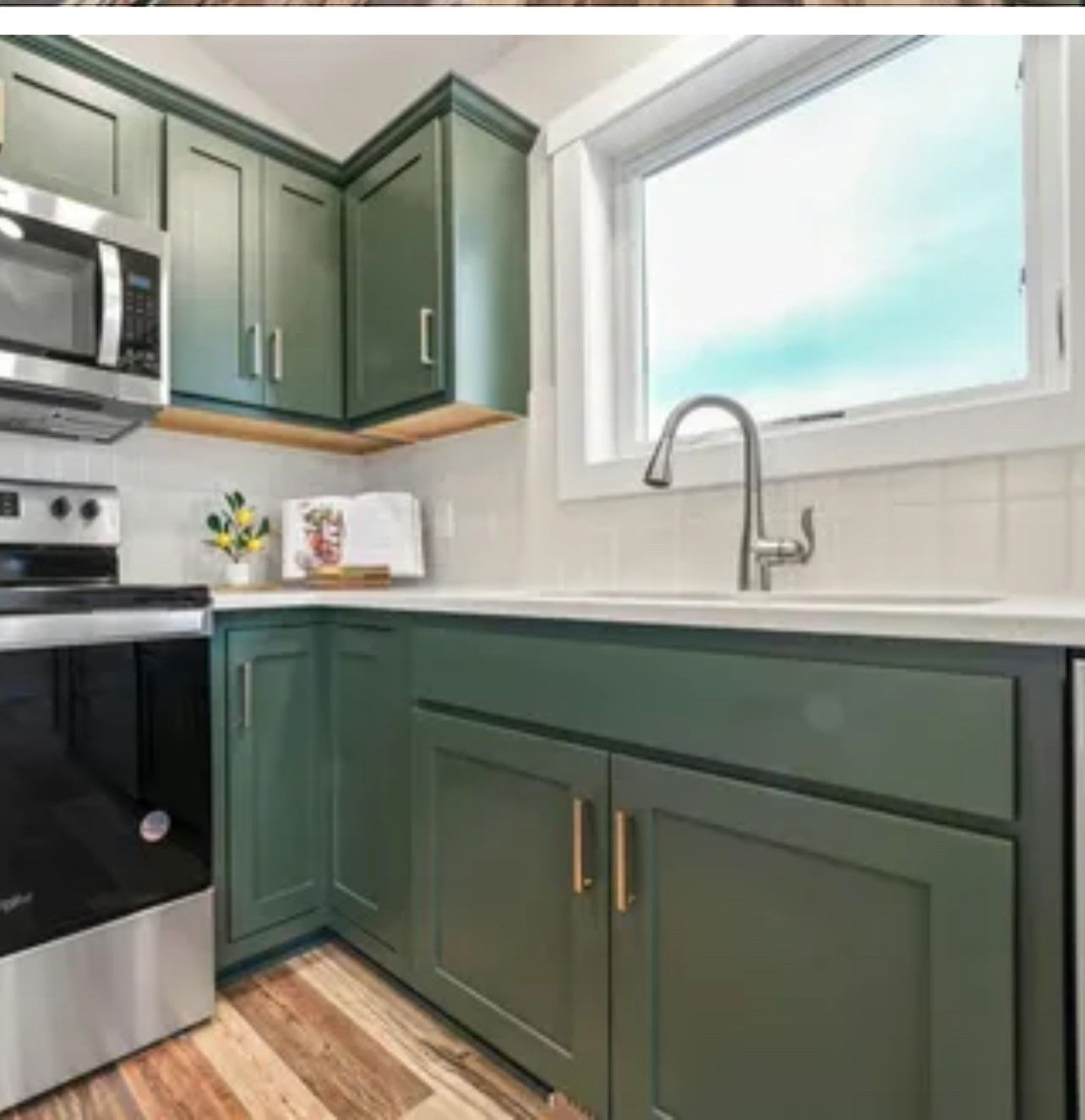 A kitchen with green cabinets and stainless steel appliances