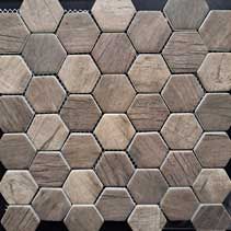 A close up of a wooden hexagon mosaic tile.