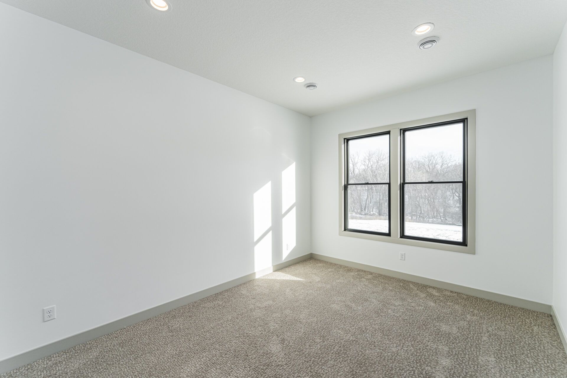 An empty bedroom with two windows and a carpeted floor.