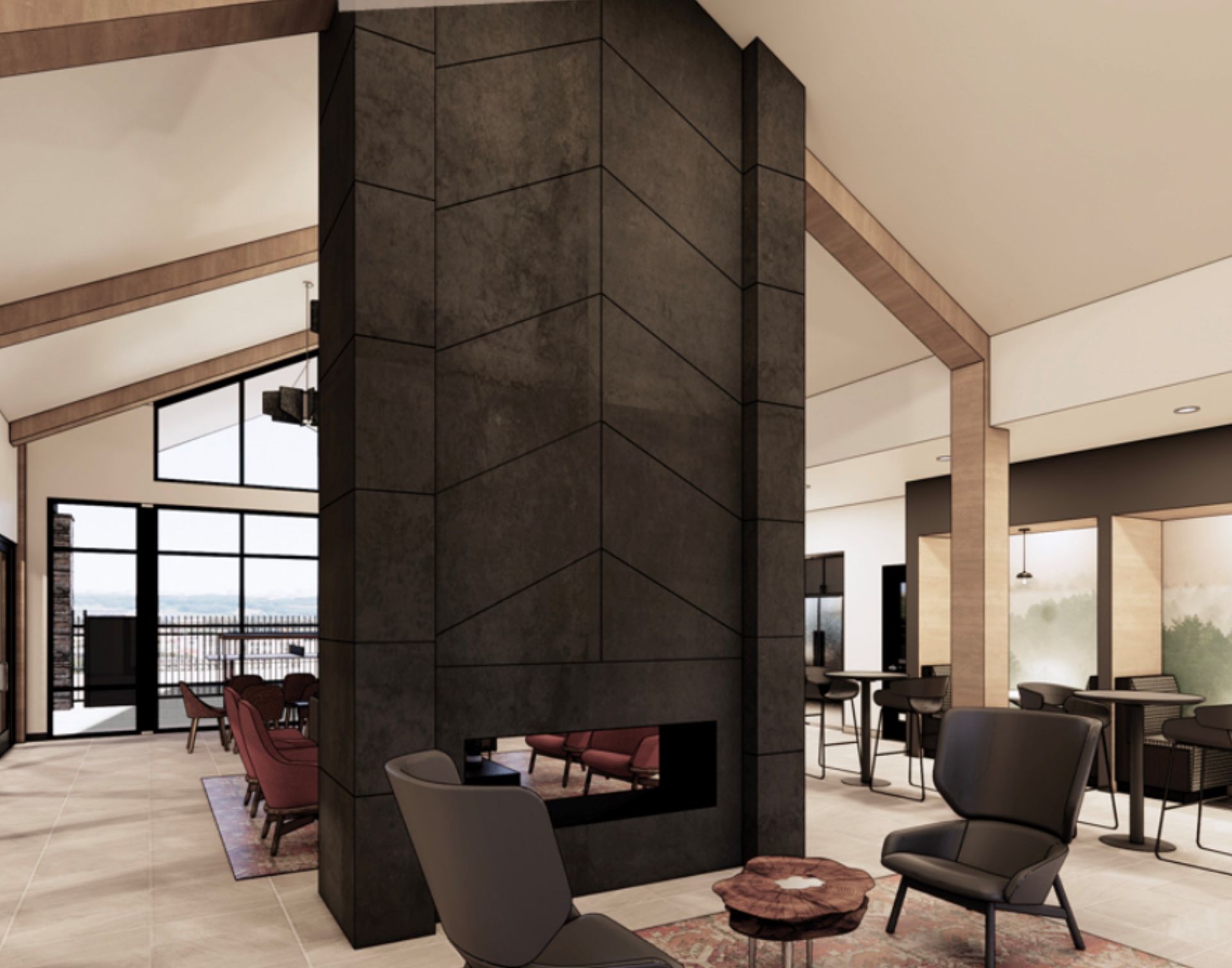 An artist 's impression of a living room with a fireplace and chairs