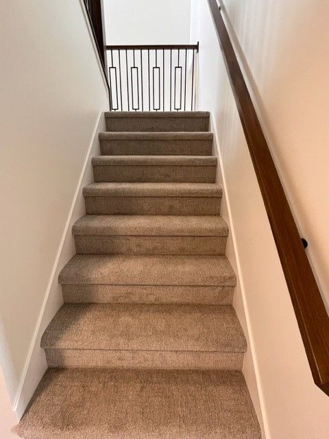 The stairs are carpeted and have a wooden railing.