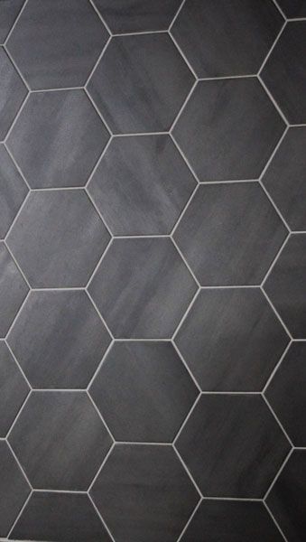 A close up of a black hexagon tile floor.