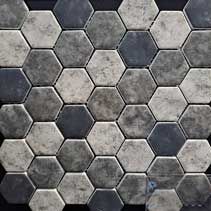 A close up of a hexagon tile pattern on a black background.