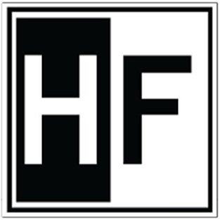 A black and white logo with the letter h and f in a square.