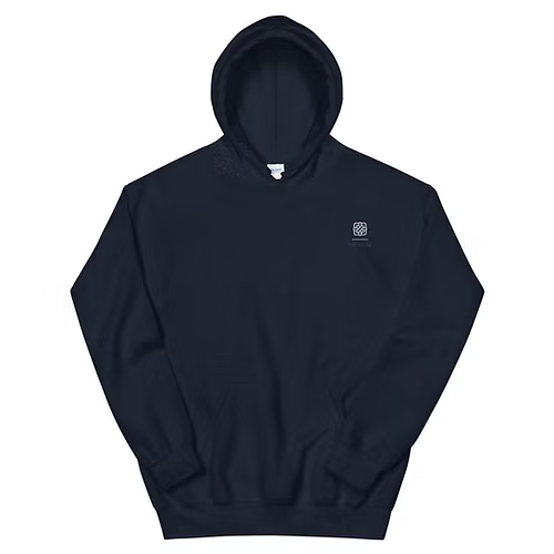 A black hoodie with a small logo on the front