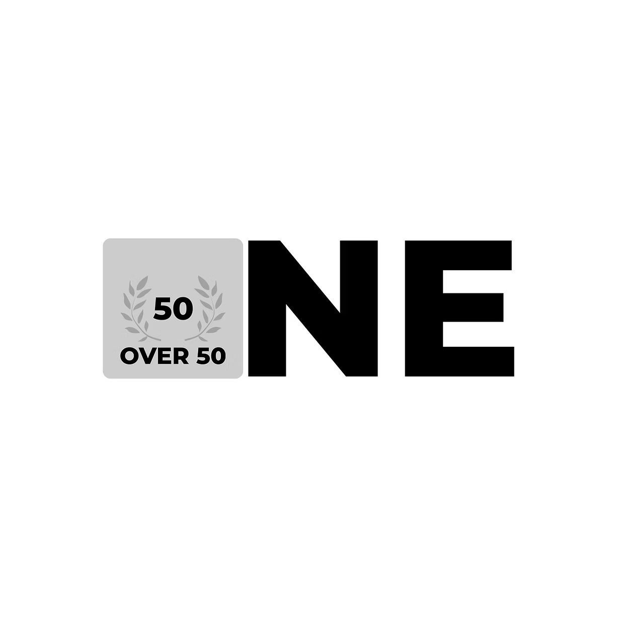 A black and white logo for a company called one over 50.
