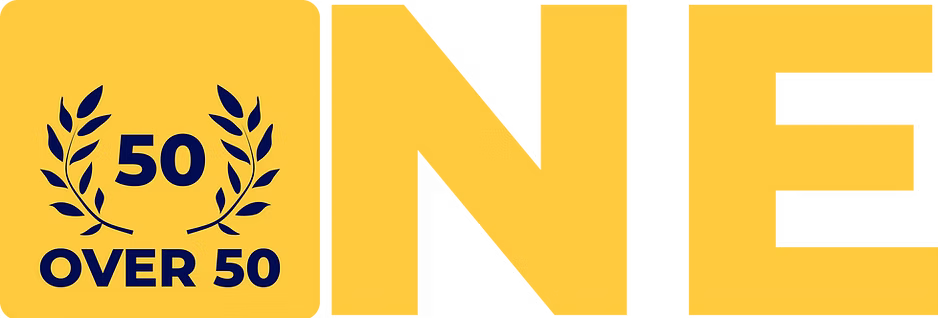 A yellow logo with the words `` over 50 '' and a laurel wreath.