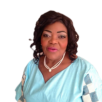 The woman is wearing a blue dress and a pearl necklace.