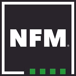 The logo for nfm is a black square with white letters and green squares.