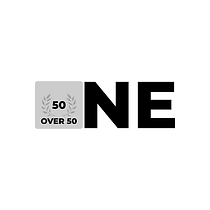 A black and white logo for a company called ne over 50.