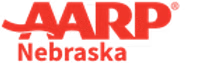 A red and white logo for aarp nebraska