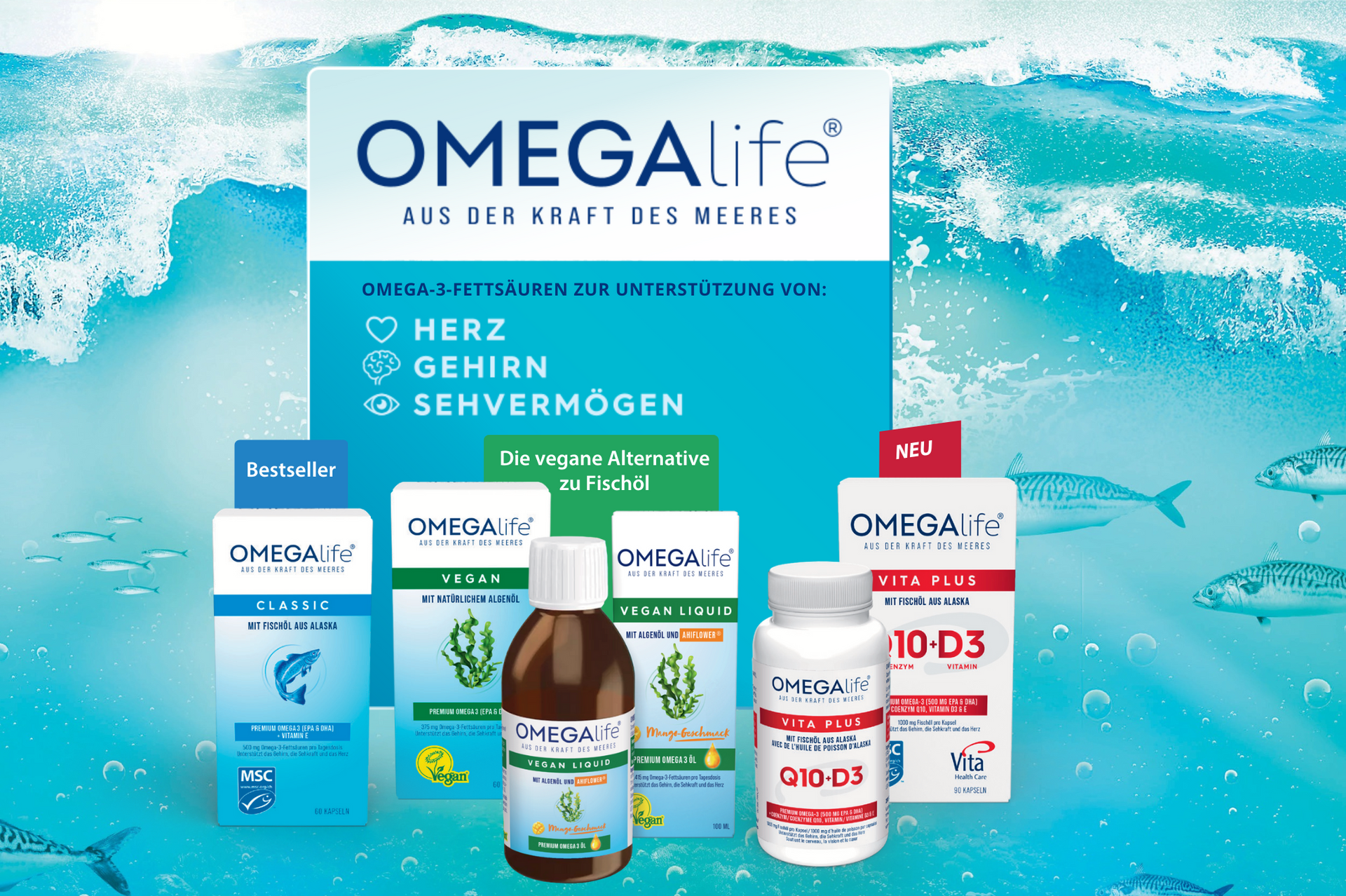 OmegaLife-Nahrungsergänzungsmittel vor einem blauen Ozeanhintergrund