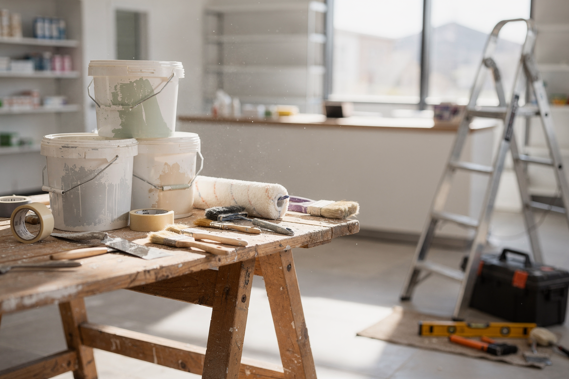 Farbeimer, Farbroller und Pinsel auf einer Holzarbeitsbank in einem hellen Raum