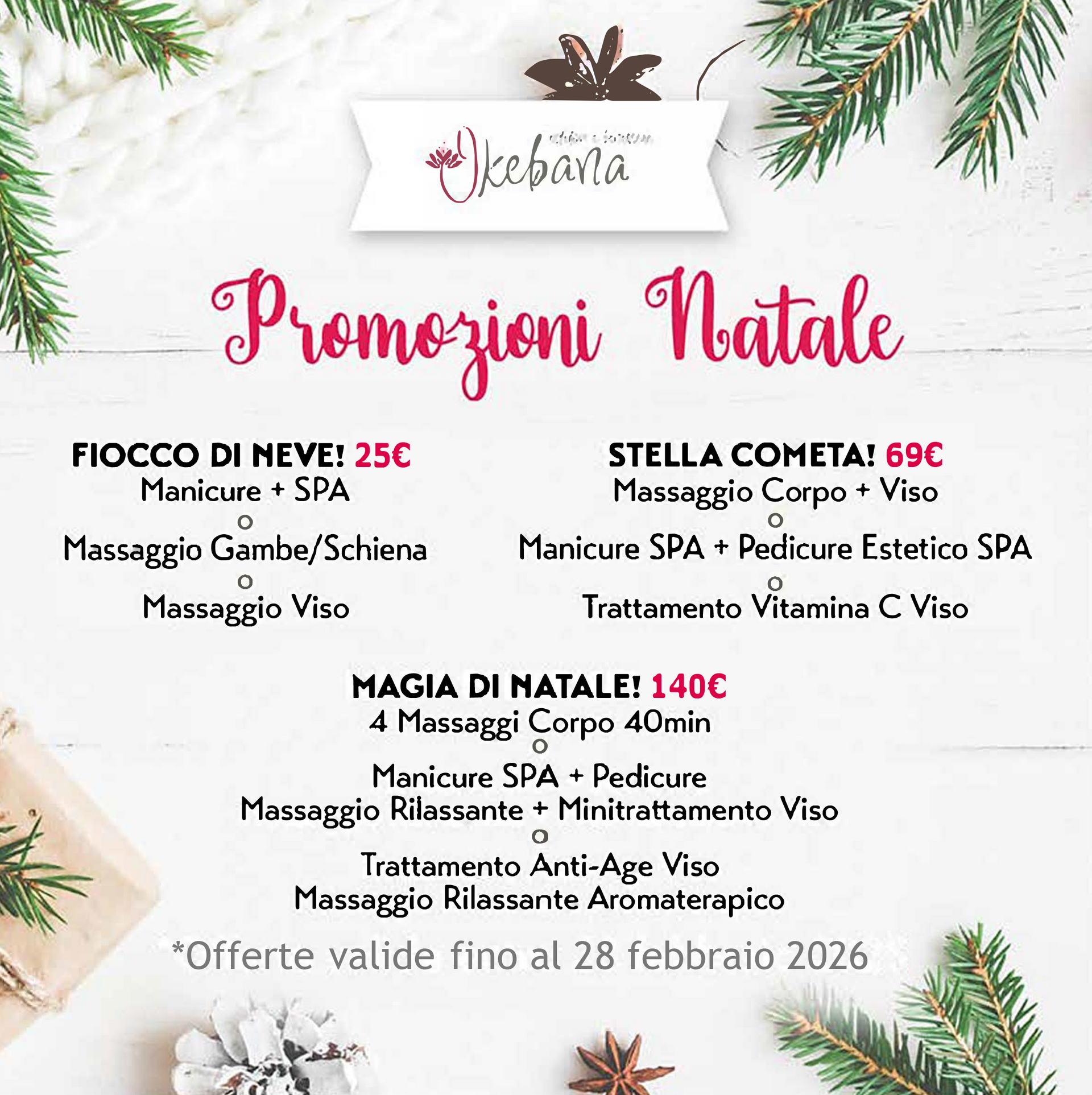 Promozioni natalizie per Ikebana: manicure, massaggi e trattamenti spa, valide fino a febbraio 2026.