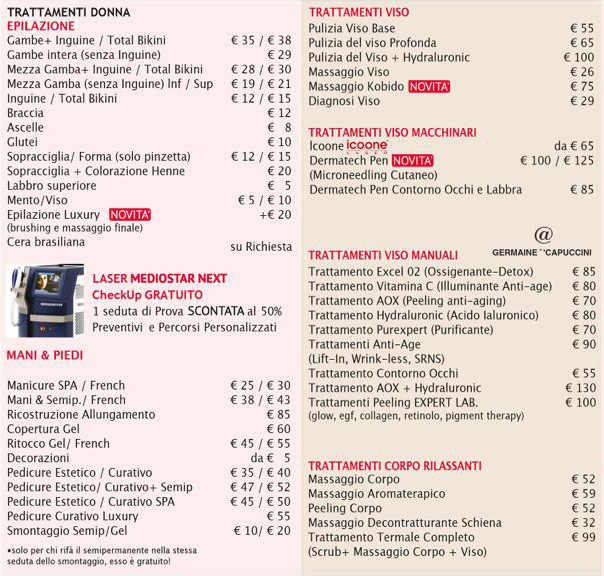 Listino prezzi per trattamenti estetici, tra cui epilazione, trattamenti per il viso, manicure e massaggi.