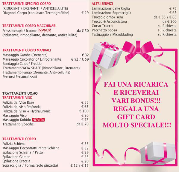 Menù dei trattamenti di bellezza 