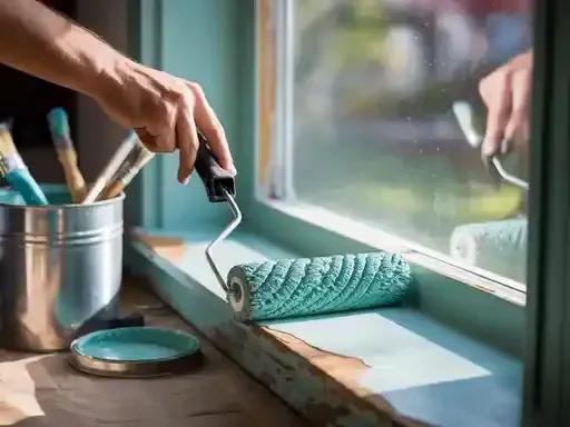 Person painting a window frame teal with a roller. Paint can and brushes are nearby.