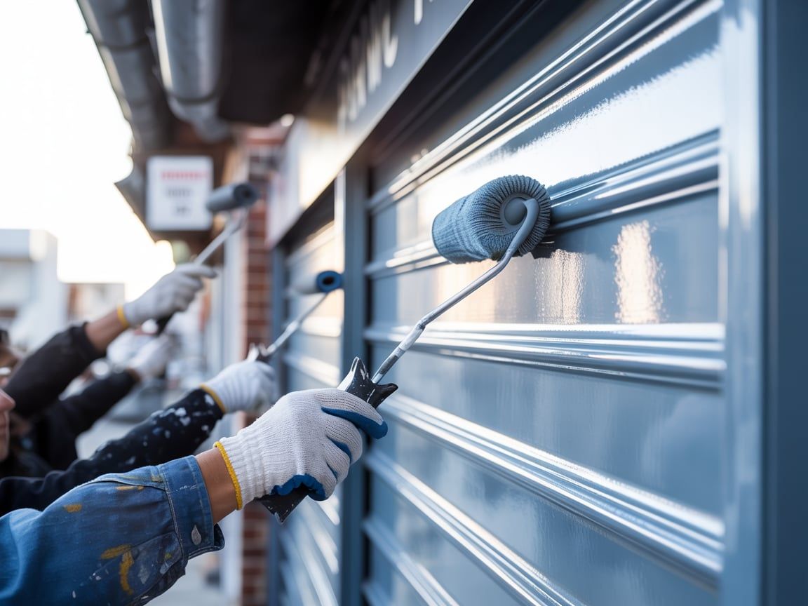 People painting a metallic blue storefront with paint rollers.
