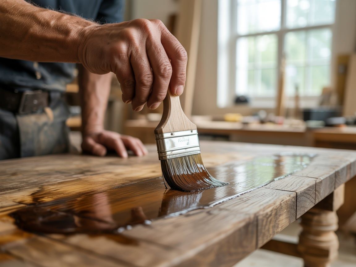 Person applying a wood stain to a wooden table with a paintbrush in a workshop.