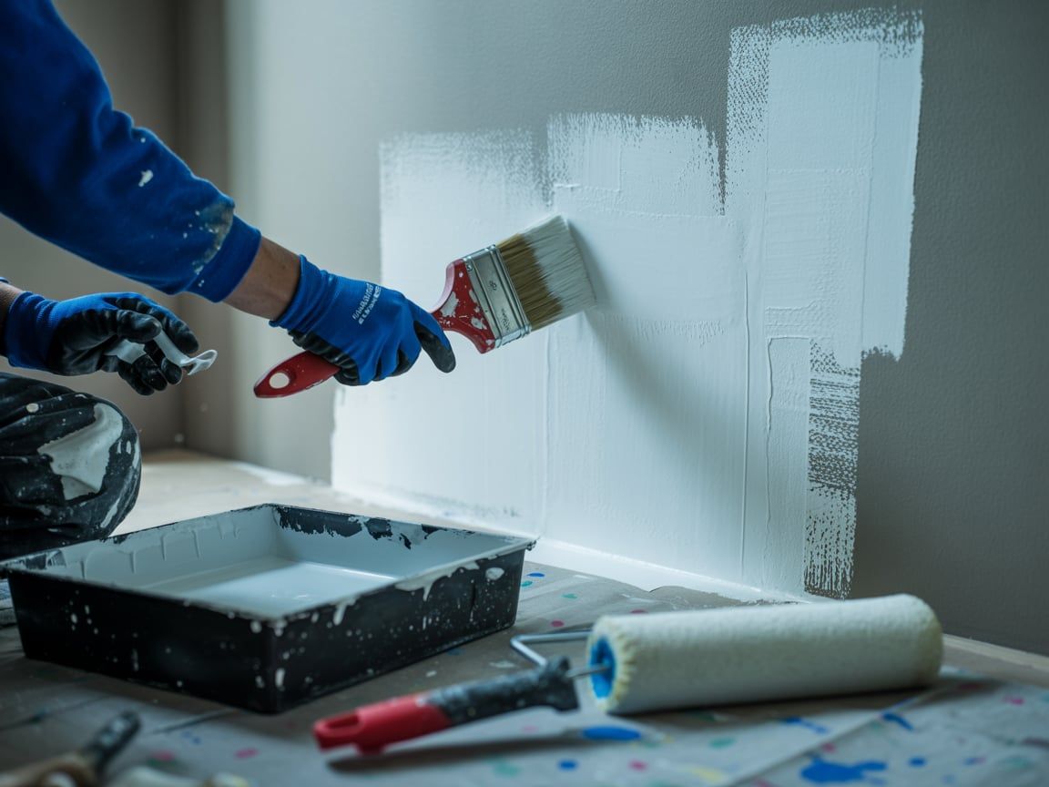 Person painting a wall white with a brush. Gloves and a paint tray are visible.