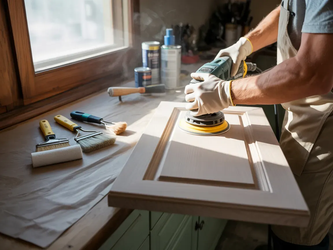 Person sanding a wooden cabinet door with a power sander. Sunlight streams through the window.