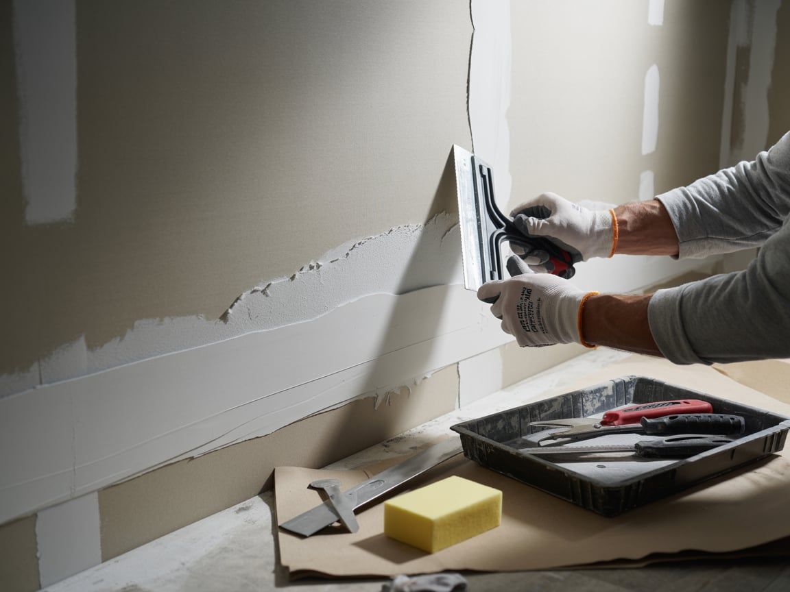 Person in gloves using a trowel to apply joint compound to a wall with a crack; tools and sponge nearby.
