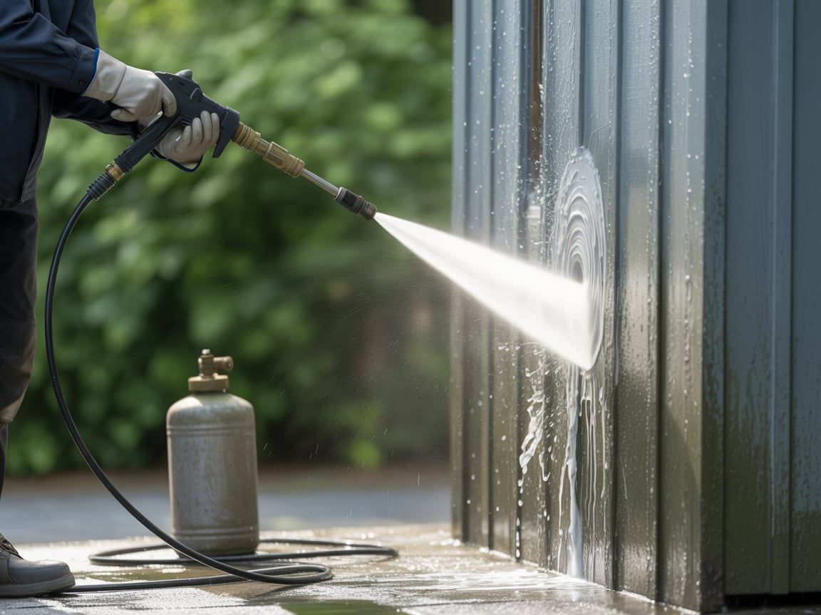 Person power washing a metallic structure with water.