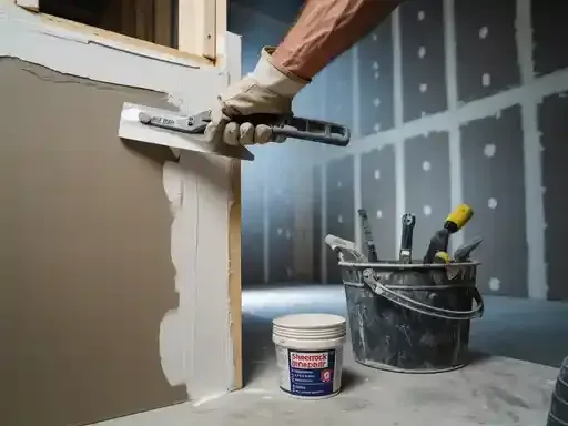 Person using a trowel to apply joint compound to a wall during construction. A bucket of tools and compound container are nearby.