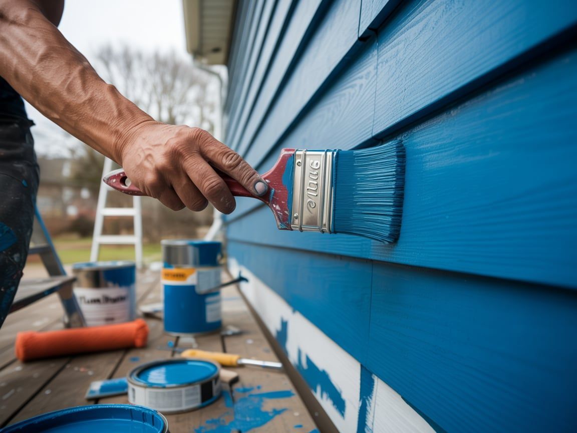 Person painting blue siding of a house with a paintbrush.