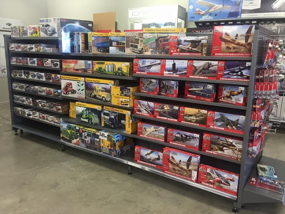 Shelves In A Store Filled With Model Kits Of Vehicles And Aircraft — Midtown Hobbies In Lismore, NSW