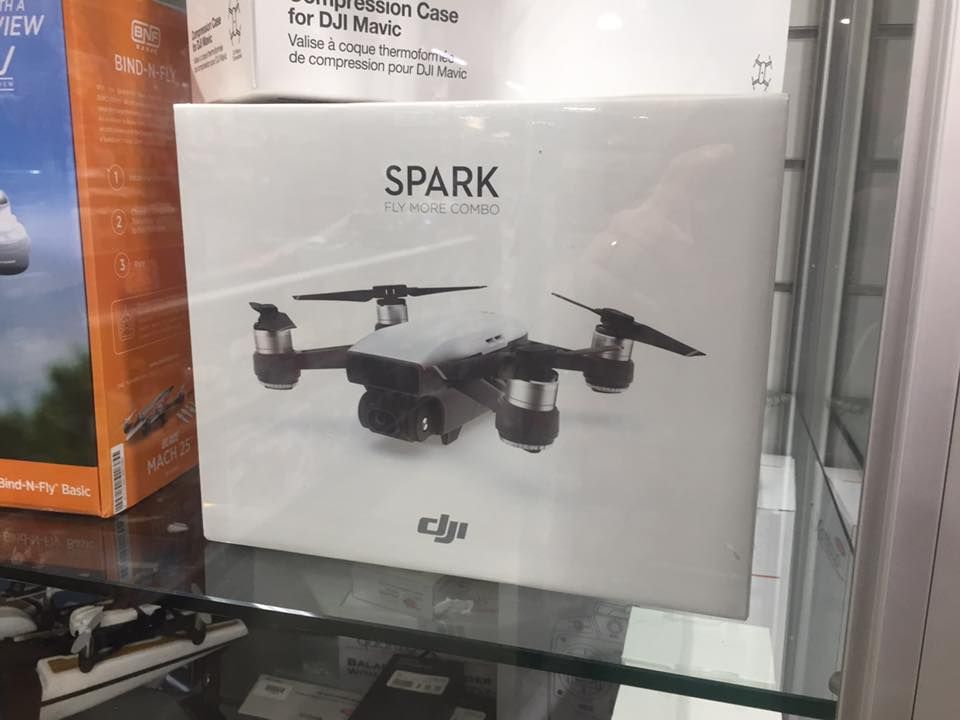 DJI Spark Drone Box On A Shelf, White With Drone Image — Midtown Hobbies In Lismore, NSW