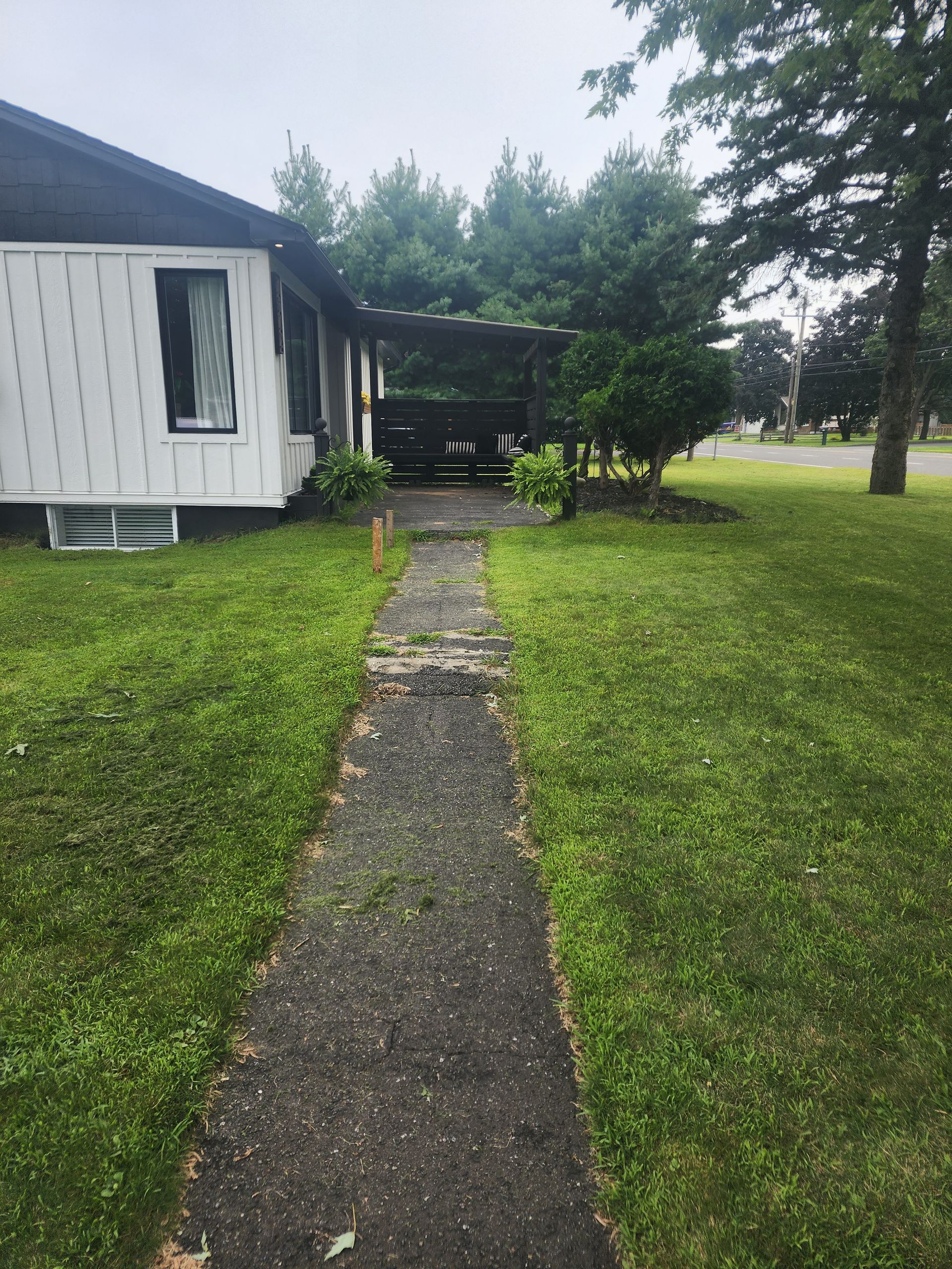 Un chemin menant à une maison dans un champ herbeux