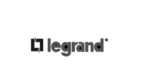 Ein schwarzweißes Logo für Legrand auf weißem Hintergrund.