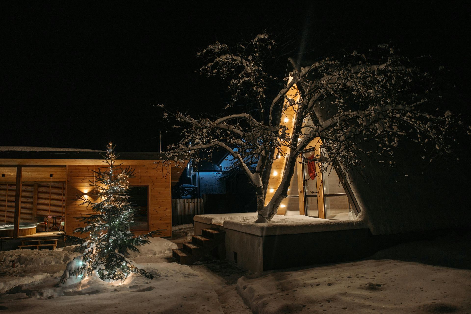 Ein Weihnachtsbaum ist nachts vor einem Haus beleuchtet